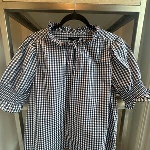 J. Crew Navy and White Gingham Ruffle Neck Blouse
